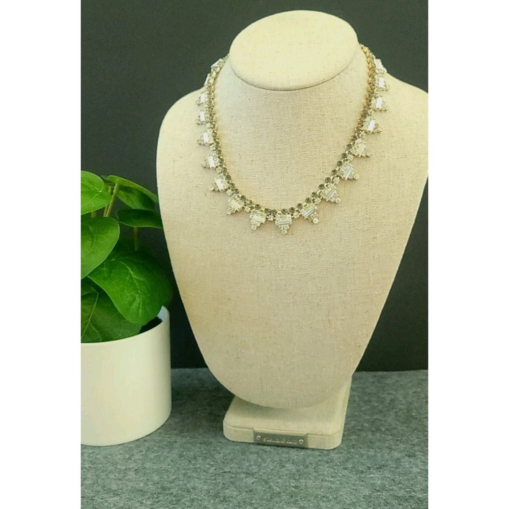 Vintage 1950s 1960s Rhinestone Choker Necklace Baguette Fringe 16in